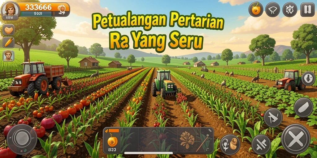 Tampilan gameplay seru di 333666 dengan lahan pertanian yang hijau.