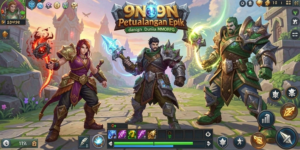 Screenshot gameplay 9N9N yang menampilkan pertarungan epik dalam MMORPG.