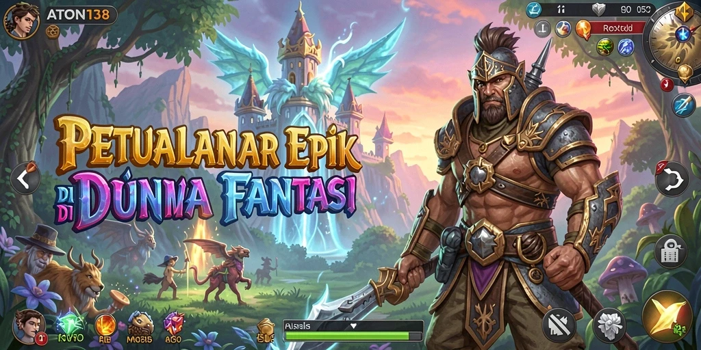 Screenshot gameplay ATOM138 menampilkan pertarungan epik di dunia fantasi.
