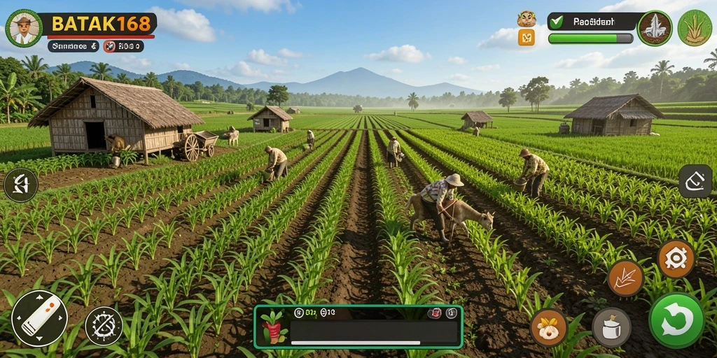Tampilan gameplay seru di BATIK168 dengan berbagai tanaman dan aktivitas pertanian.