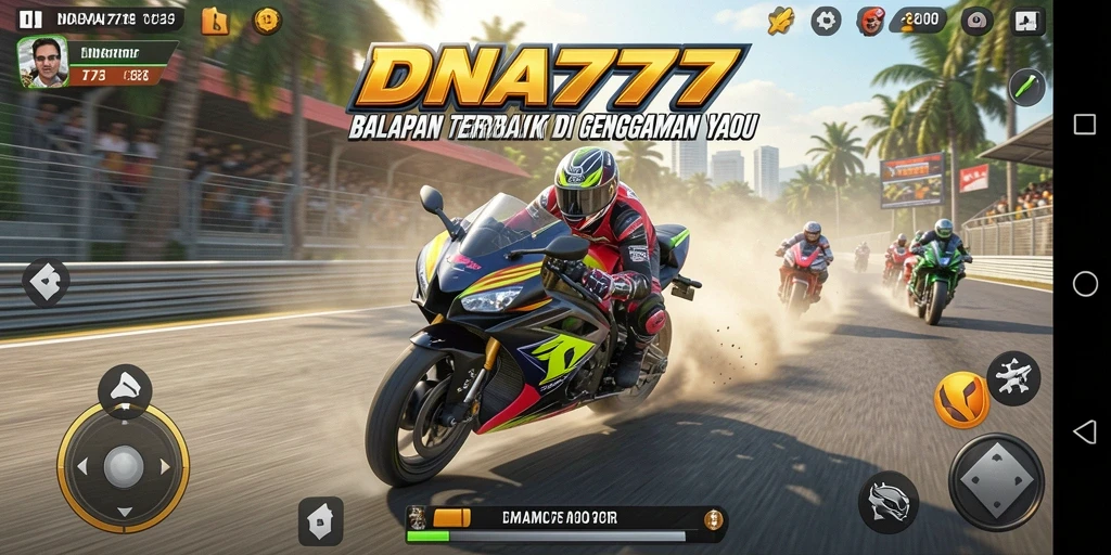 Screenshot utama DNA777 menampilkan aksi balapan motor yang mendebarkan.