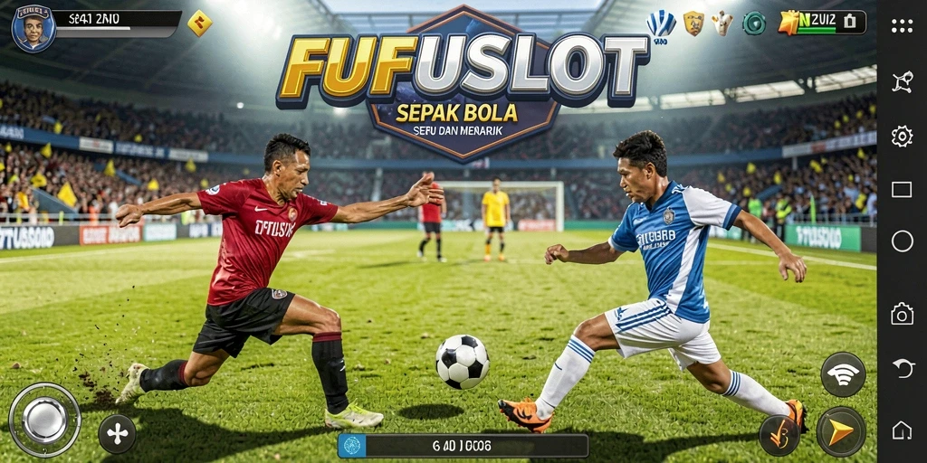 Screenshot utama FUFUSLOT menampilkan aksi seru di lapangan sepak bola.