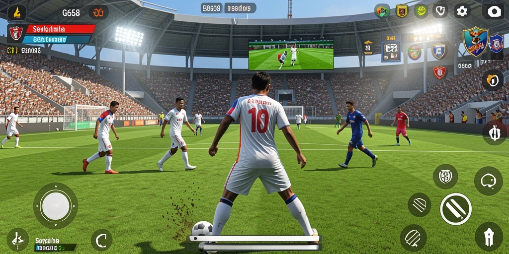 Screenshot utama G668 menampilkan aksi seru dalam pertandingan sepak bola.