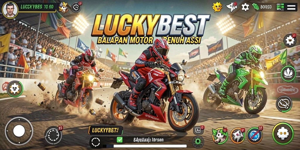 Tangkapan layar LUCKYBEST menampilkan aksi balapan motor seru di lintasan menantang.