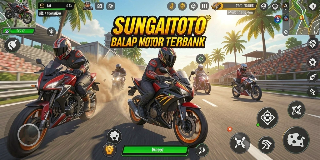 Gameplay SUNGAITOTO menampilkan balapan motor yang seru dan mendebarkan.