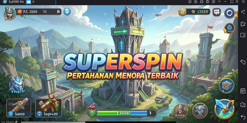 Tampilan gameplay mendebarkan dari SUPERSPIN Tower Defense.