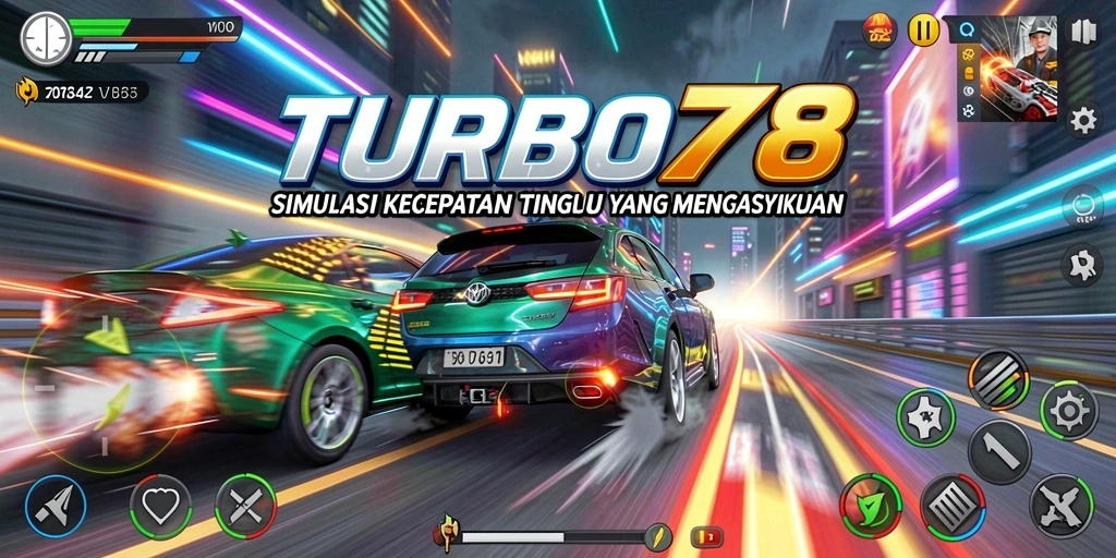 Tangkapan layar utama TURBO78 menampilkan balapan seru dan aksi kencang.