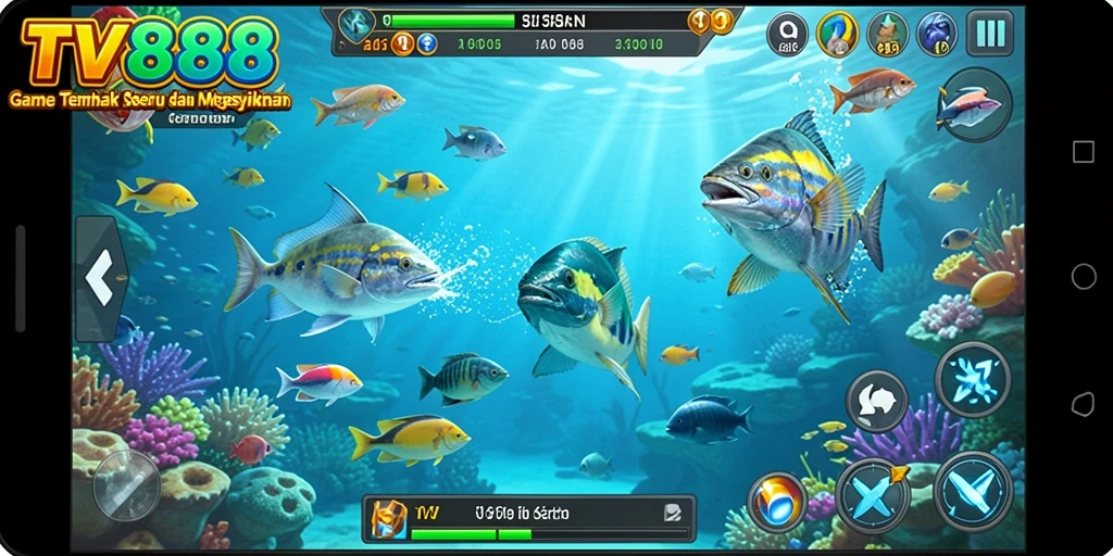 Screenshot gameplay <strong>TV888</strong> menampilkan momen seru saat menembak ikan.